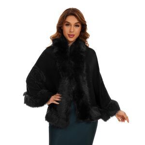 7975 Women's Black Faux Fur Shawl Bridal Wrap For Evening And Wedding